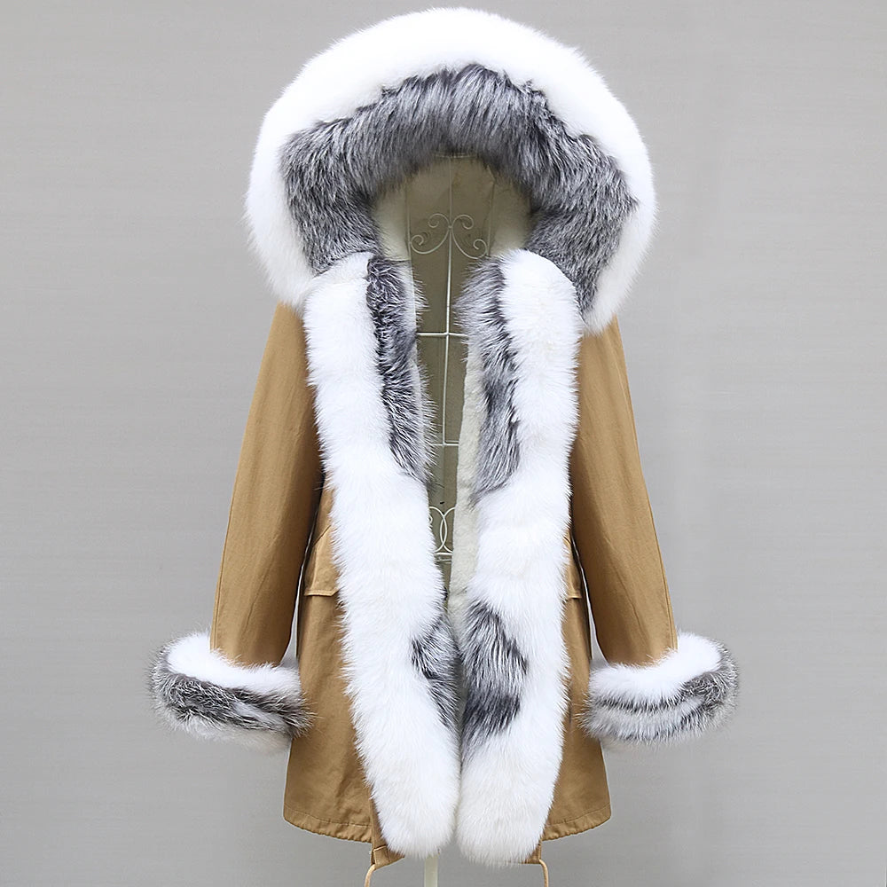 2024 Winter Jacket Women Natural Raccoon Fur Collar  Real Fur Coat Color matching Hood Cuffs Thick Warm Outerwear New Long Parka
