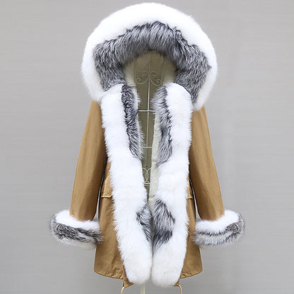 2024 Winter Jacket Women Natural Raccoon Fur Collar  Real Fur Coat Color matching Hood Cuffs Thick Warm Outerwear New Long Parka