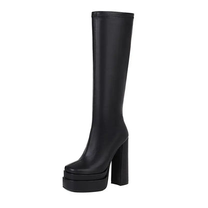 Botas De Mujer Zipper Side Think Bottom Winter Fall Knee High Leather Black Chunky Platform Women Boots