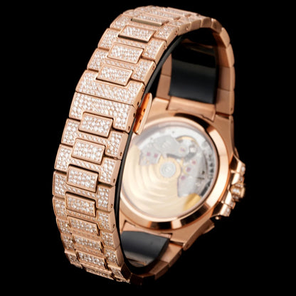 Men's Rose Tone Full Diamond Wristwatch Pillow Case Design Dense Stone Setting Date Display Stylish High End Luxury Timepiece