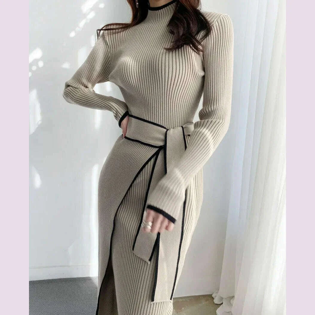 New Retro Knitted Bodycon Dress Women Korean Fashion Autumn Winter Half High Collar Lace Up Elegant Sweater Dresses Vestidos