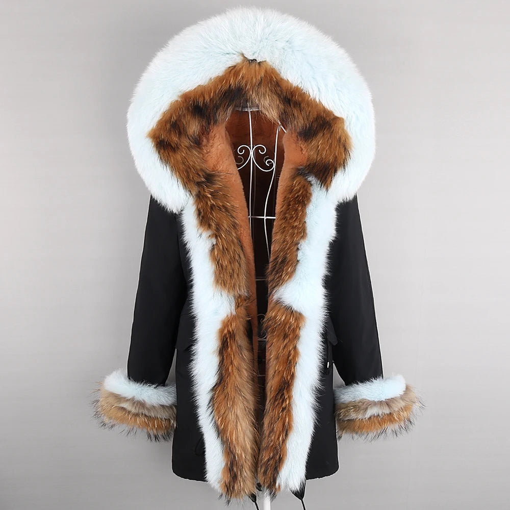 2024 Winter Jacket Women Natural Raccoon Fur Collar  Real Fur Coat Color matching Hood Cuffs Thick Warm Outerwear New Long Parka