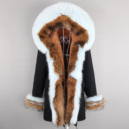 2024 Winter Jacket Women Natural Raccoon Fur Collar  Real Fur Coat Color matching Hood Cuffs Thick Warm Outerwear New Long Parka