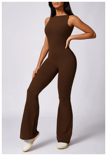 Women's Bodysuit Jumpsuit Hollow Casual Workout Wear Skinny Fit Tummy Control Solid Scrunch Butt Flare Leg Legging Jumpsuit