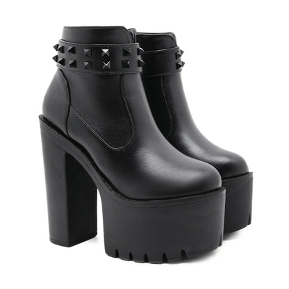 Gothic Black Ankle Boots For Women Plus High Heel Female Shoes Lace-Up Nigh Club Black Sexy Rivets Short Bootsrd5