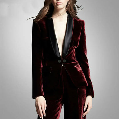 Burgundy Velvet Women's suit 2 Pcs Shawl Lapel Blazer+Pants Velour Prom Suit Wedding Tuxedos Pant Sets