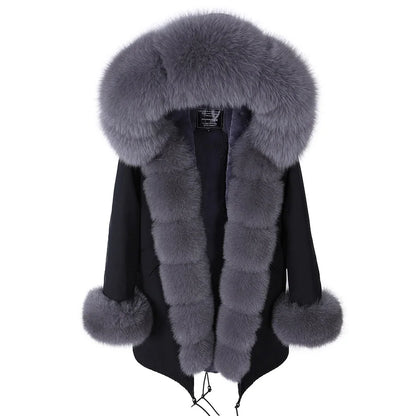 MAOMAOKONG 2024 Winter Women Coat Natural Fox Fur Collar Cuff Black Jackets Outwear Thick Luxury Real Fur Parka Women's Fur Coat