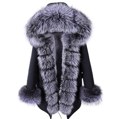 MAOMAOKONG 2024 Winter Women Coat Natural Fox Fur Collar Cuff Black Jackets Outwear Thick Luxury Real Fur Parka Women's Fur Coat