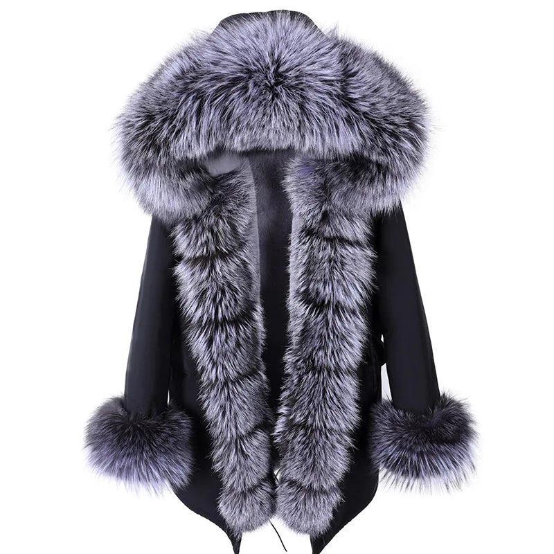 MAOMAOKONG 2024 Winter Women Coat Natural Fox Fur Collar Cuff Black Jackets Outwear Thick Luxury Real Fur Parka Women's Fur Coat