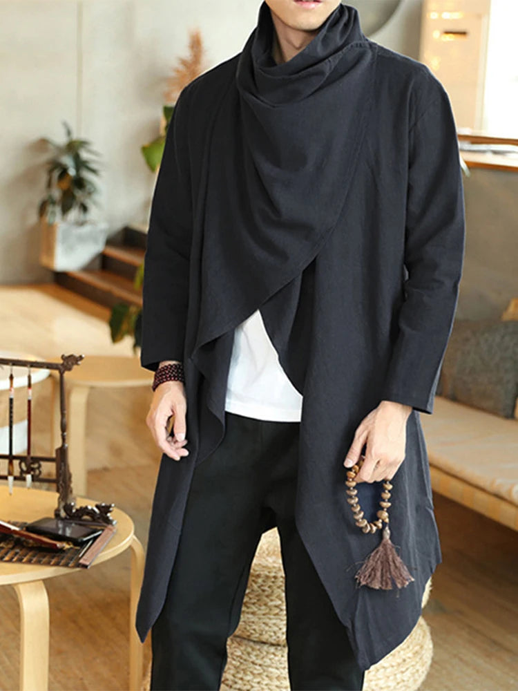 Men's Retro Jackets Trench Windbreaker Casual Cotton Solid Color Scarf Collar Irregular Long Sleeve Cloak Loose Stylish New