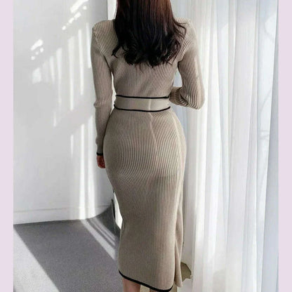 New Retro Knitted Bodycon Dress Women Korean Fashion Autumn Winter Half High Collar Lace Up Elegant Sweater Dresses Vestidos