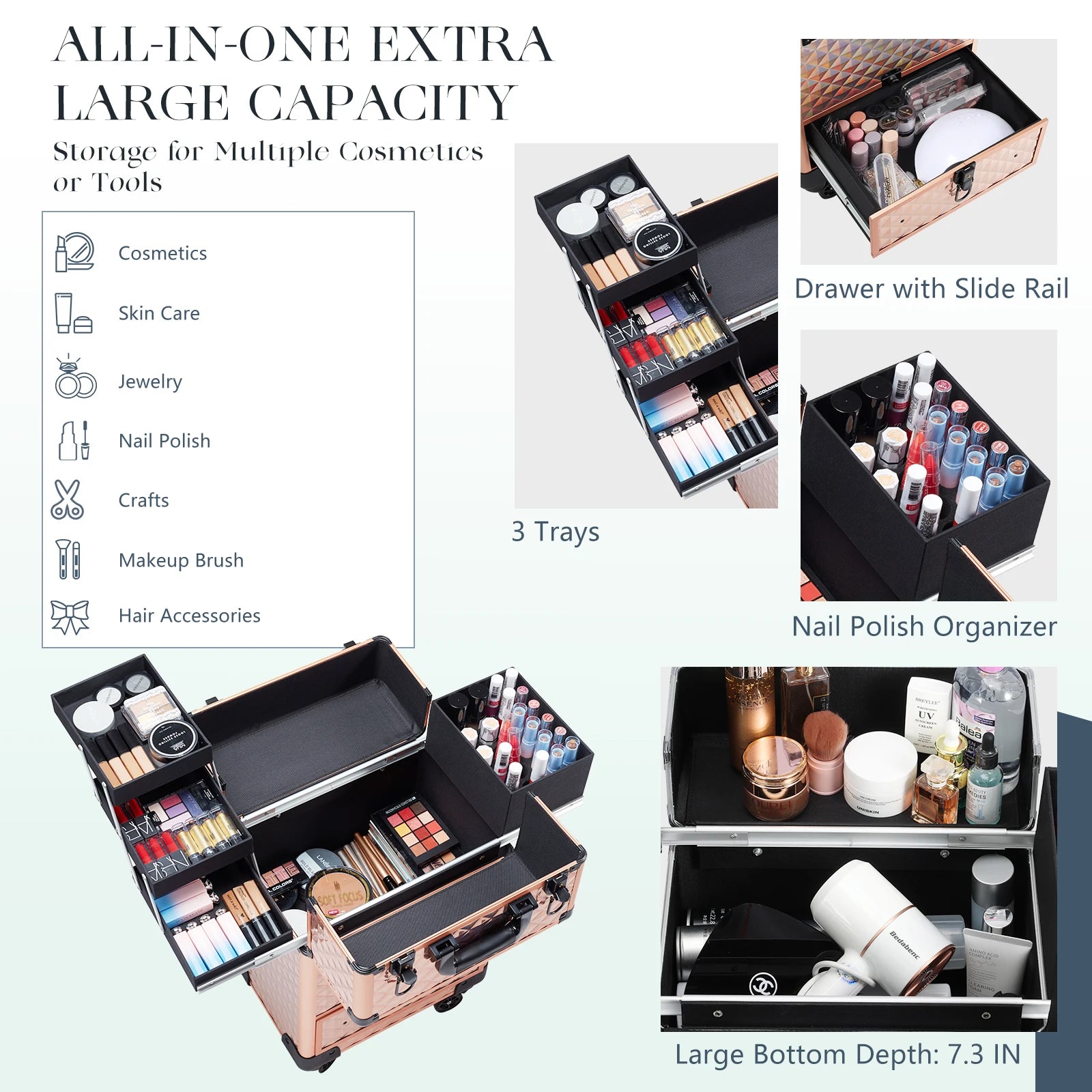 2025 Portable Makeup Case with Large Capacity Drawer Open Closure Train Case Trolley Organizer for Beauty Professionals