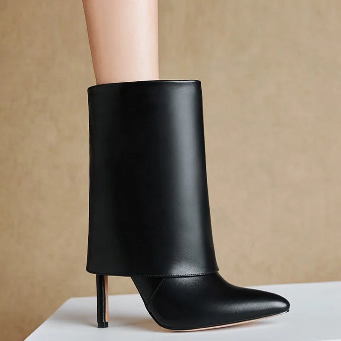 Solid Folding Design Pointed Toe Booties for Women Thin High Heel Slip-on Short Shoes Fashion Western Plus Size 43 Ankle Boots