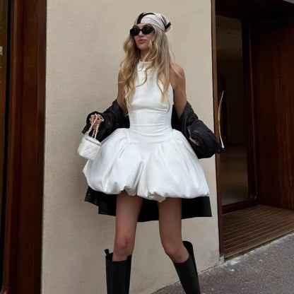 RedPeony Women New Elegant Backless Pleated Puff Hem Mini Dress Chic Solid High Waist Lace up Gowns Lady Vacation Mini Dress