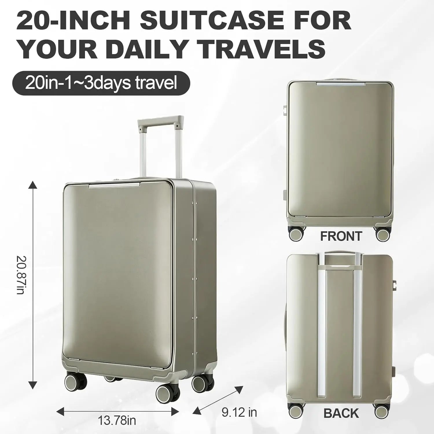 20-inch Front-Opening Grey PC Carry-On Suitcase with TSA Lock Lightweight Durable Luggage for Business Travel & Personal...