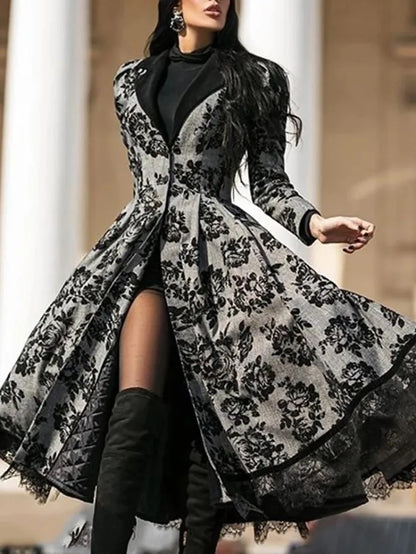 Women's Dress Autumn Winter Women's Coat 2021 Long Sleeve Medieval Lace Stitching Jacket Slim and Elegant Long Black Dresses