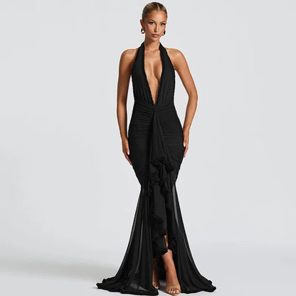 Elegant High-End Flowy Tulle Maxi Evening Gown with Ultra-Deep V-Neck & Backless Design Sexy Allure