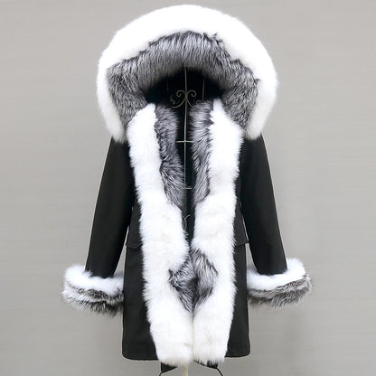 2024 Winter Jacket Women Natural Raccoon Fur Collar  Real Fur Coat Color matching Hood Cuffs Thick Warm Outerwear New Long Parka