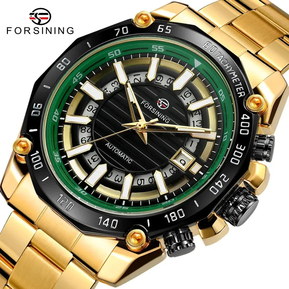 FORSINING New Automatic Mechanical Watch for Men Stainless Steel Waterproof Skeleton Watches Business Luxury Gold Wristwatches