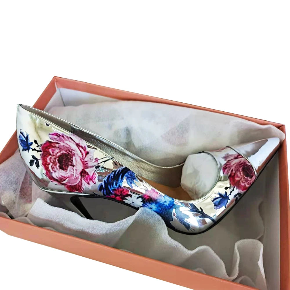 Luxury Fashion Women Pointed Toe Silver Patent Leather 3D Print Flower High Heels Party Pumps - Kimlud