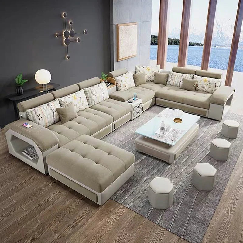 IB010 Home Living Room Microfiber Fabric Sofa with Bluetooth Speakers USB Charger Cup Holder Extendable Storage...