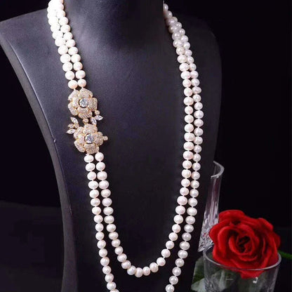 2ROWS freshwater pearl WHITE/GRAY ROUND 8-9MM necklace 24-26" FPPJ wholesale for woman gift