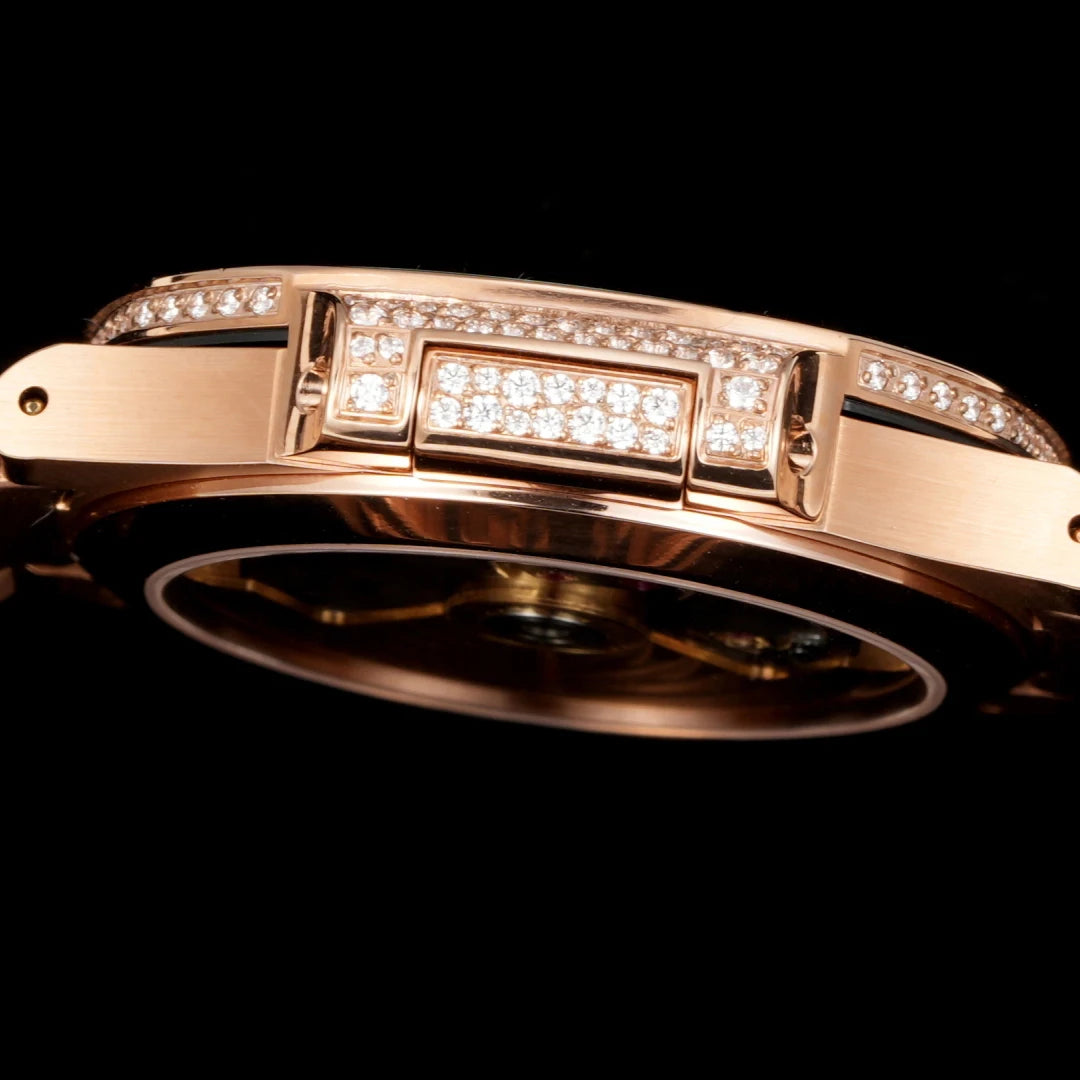 Men's Rose Tone Full Diamond Wristwatch Pillow Case Design Dense Stone Setting Date Display Stylish High End Luxury Timepiece