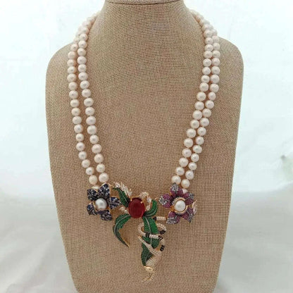 21" 2 Rows White Round freshwater Pearl Necklace  cz pave annimal  flower monkey gold color plated Pendant luxury wedding