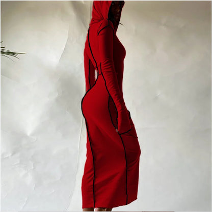 Hugcitar Long Sleeve Hooded Patchwork Skinny Maxi Dress 2021 Autumn Winter Women Fashion Streetwear Casual Outfits