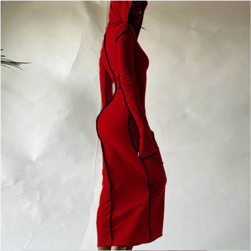 Hugcitar Long Sleeve Hooded Patchwork Skinny Maxi Dress 2021 Autumn Winter Women Fashion Streetwear Casual Outfits
