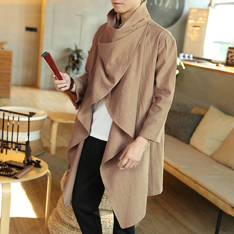 Men's Retro Jackets Trench Windbreaker Casual Cotton Solid Color Scarf Collar Irregular Long Sleeve Cloak Loose Stylish New