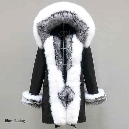 2024 Winter Jacket Women Natural Raccoon Fur Collar  Real Fur Coat Color matching Hood Cuffs Thick Warm Outerwear New Long Parka