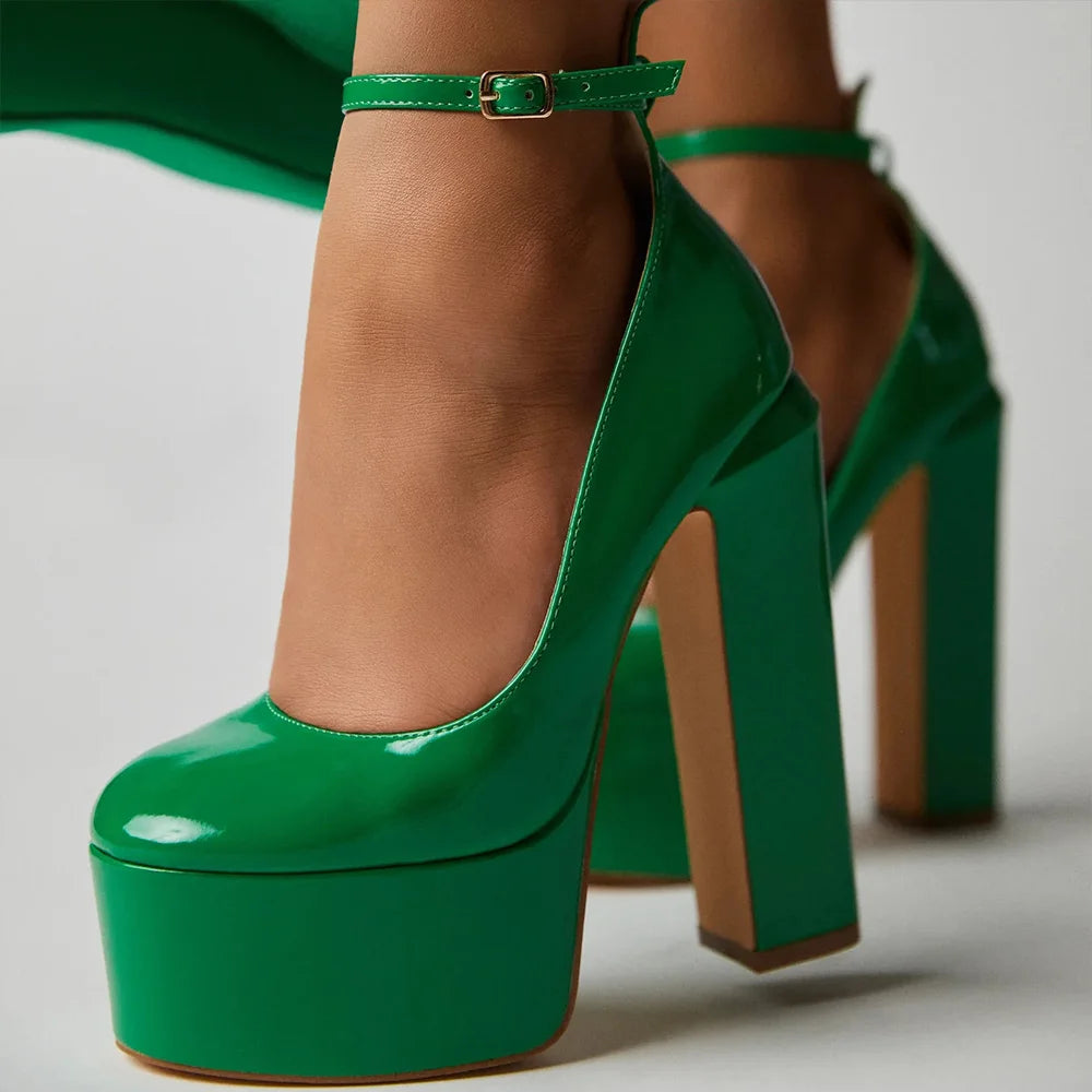 Fashion Thick Sole Pumps Block High Heel Round Toe Ankle Strap Women Dress Shoes Platform Sandal Patent Big Size 43