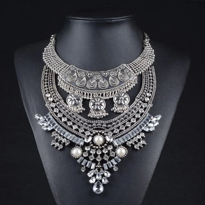 Indian Fashion Silver Plated Vintage Statement Large Necklace Women Boho Ethnic Maxi Big Collar Chunky Choker Necklace Jewelry