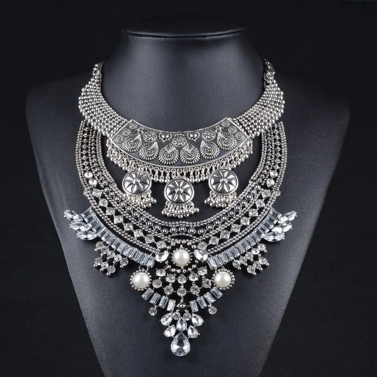 Indian Fashion Silver Plated Vintage Statement Large Necklace Women Boho Ethnic Maxi Big Collar Chunky Choker Necklace Jewelry