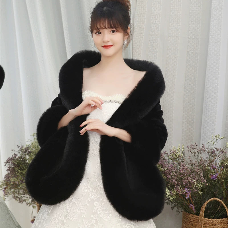 No. 19-Fall and Winter Bride Imitation Fox Fur Shawl Wedding Cloak Dress and Cheongsam Fur Cape Coat White Thick Women