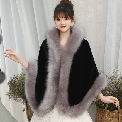 No. 19-Fall and Winter Bride Imitation Fox Fur Shawl Wedding Cloak Dress and Cheongsam Fur Cape Coat White Thick Women