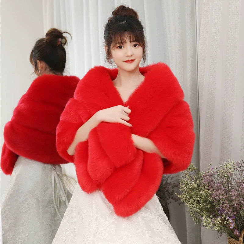 Xi Mother Fox Fur Wedding Dress Cape Coat Women's Shawl