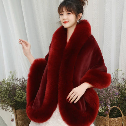 No. 19-Fall and Winter Bride Imitation Fox Fur Shawl Wedding Cloak Dress and Cheongsam Fur Cape Coat White Thick Women