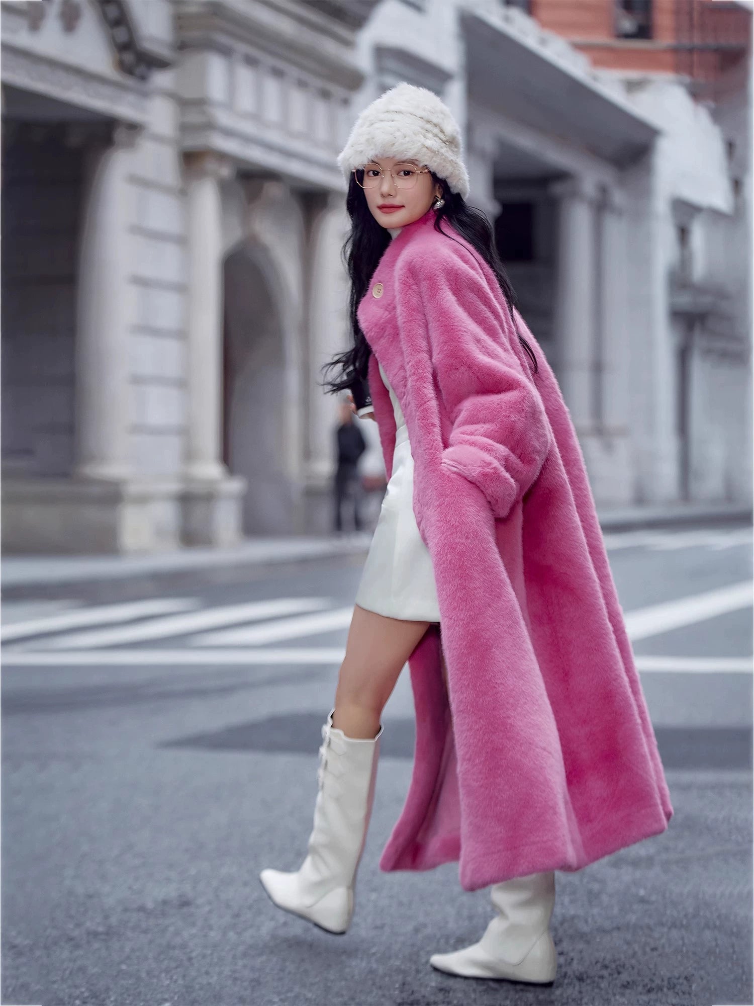 Basic House/Baijiahao New Year Battle Robe Rose Red Classy Furry Coat Female Winter Long Environmental-Friendly Fur
