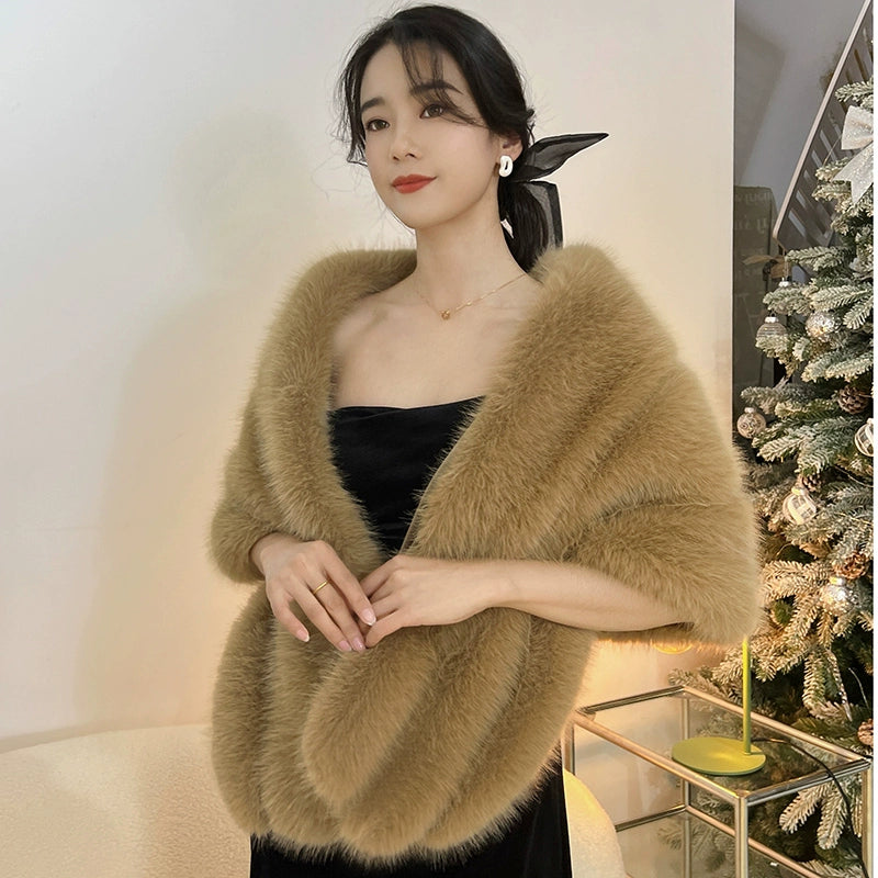 No. 19-Fall and Winter Bride Imitation Fox Fur Shawl Wedding Cloak Dress and Cheongsam Fur Cape Coat White Thick Women