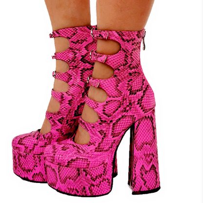 Hollow-out Bright Red Leather Chunky Heel Boots