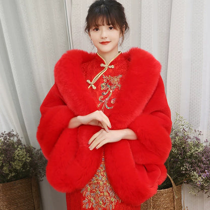 No. 19-Fall and Winter Bride Imitation Fox Fur Shawl Wedding Cloak Dress and Cheongsam Fur Cape Coat White Thick Women