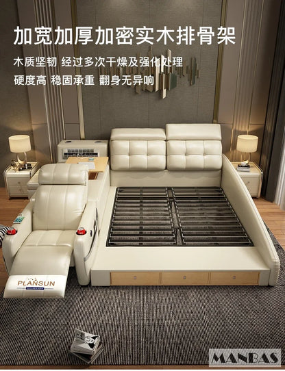 MINGDIBAO Massage Bed with Ultimate Comfort and Genuine Leather Multifunctional Frame - Bluetooth Speaker, Safe Air...