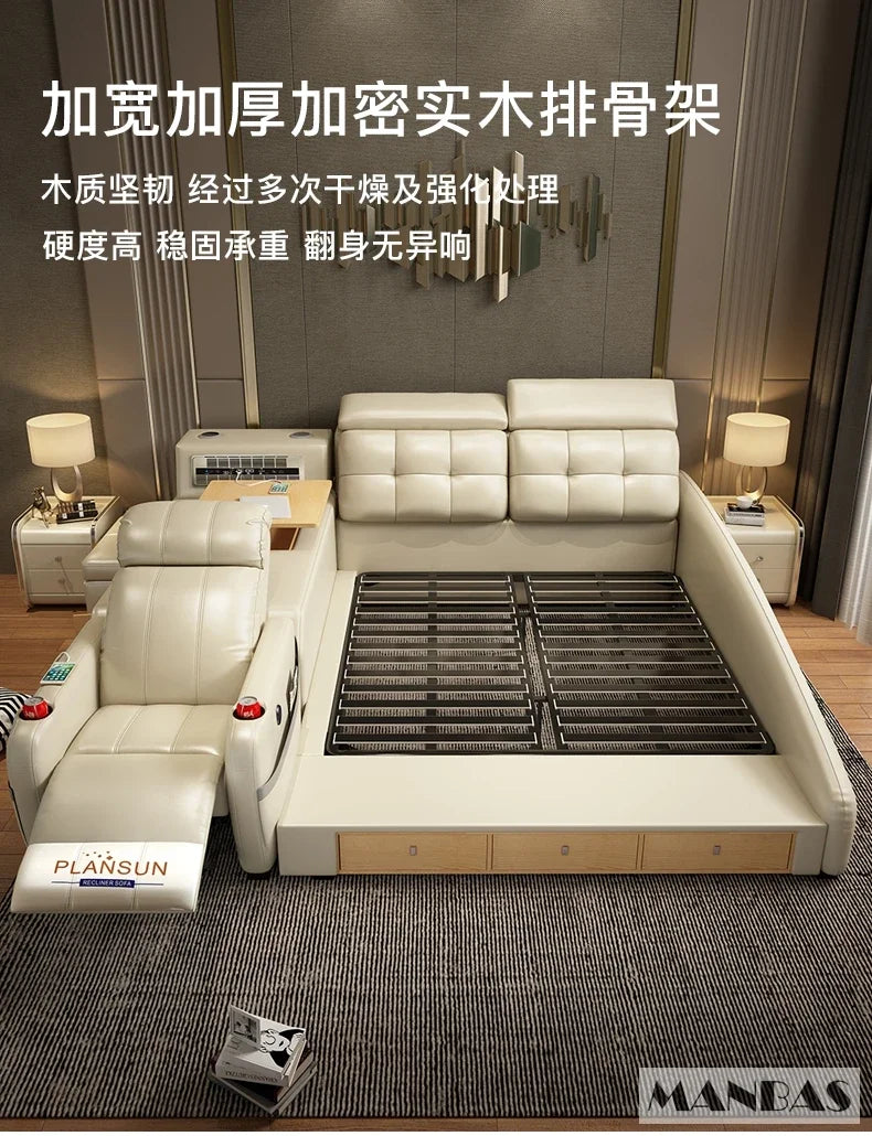 MINGDIBAO Massage Bed with Ultimate Comfort and Genuine Leather Multifunctional Frame - Bluetooth Speaker, Safe Air...