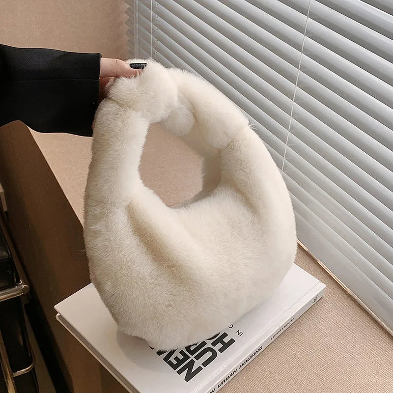 Solid Color Plush Dumpling Bag Handbag Niche Design Small Phone Bag Korean Style Tote Bag Faux Rabbit Fur Handbag Women