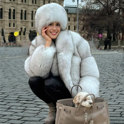 Natural Fox Fur Coat With Turndown Collar Women's Fox Cropped Jacket Genuine Fur Outerwear Hot Selling Short Real Fur Coat