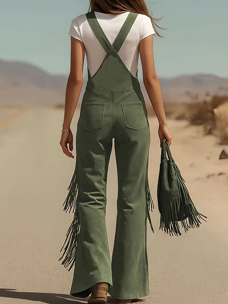 V Neck Tassel Button Patchwork Jumpsuits, Women Holiday Casual Wide Leg Pants Playsuits, 2026 Sleeveless Autumn Winter Overalls