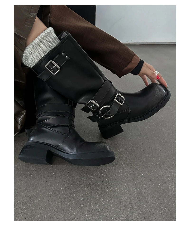 Women's Boots Half High Square Toe Footwear Brown Biker Shoes For Woman Mid Calf Middle Heel Comfortable And Low Price Pu Goth