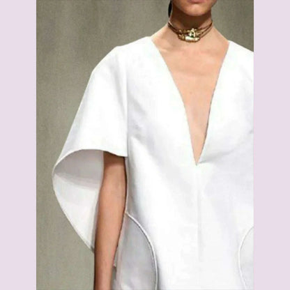 Yeezzi Fashion Black White Color Short Dress For Women 2024 New Spring Deep V-neck Half Sleeves Loose Prom Party Mini Dresses